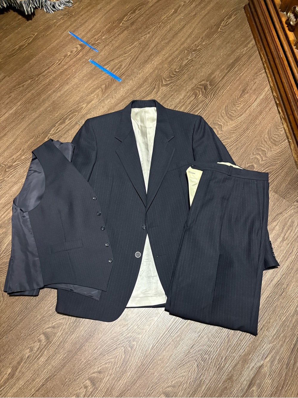 Men's Vintage Navy Pinstripe 3-Piece Wool Suit - Formal Blazer, Vest & Pants